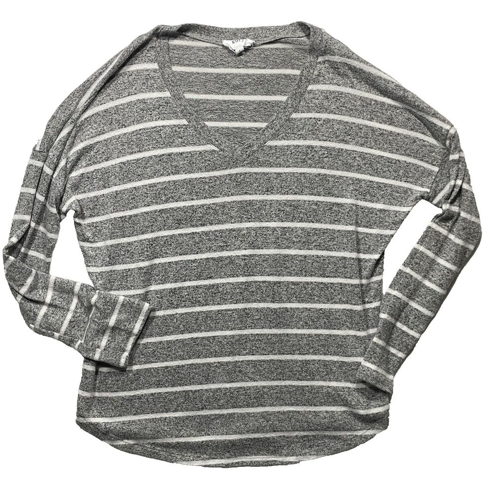 Korye Women's Gray White Long Sleeve T-Shirt Size Large Basic Casual Knit Top